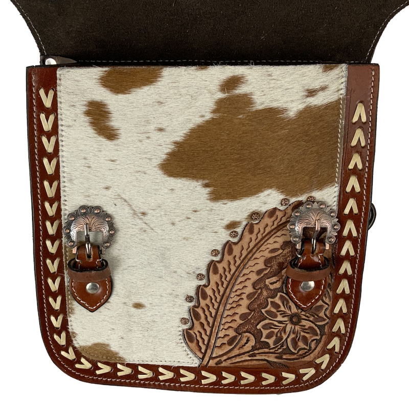 (image for) Floral & Leaf Leather Saddle Bags with Hair On & Whipstitch Edge